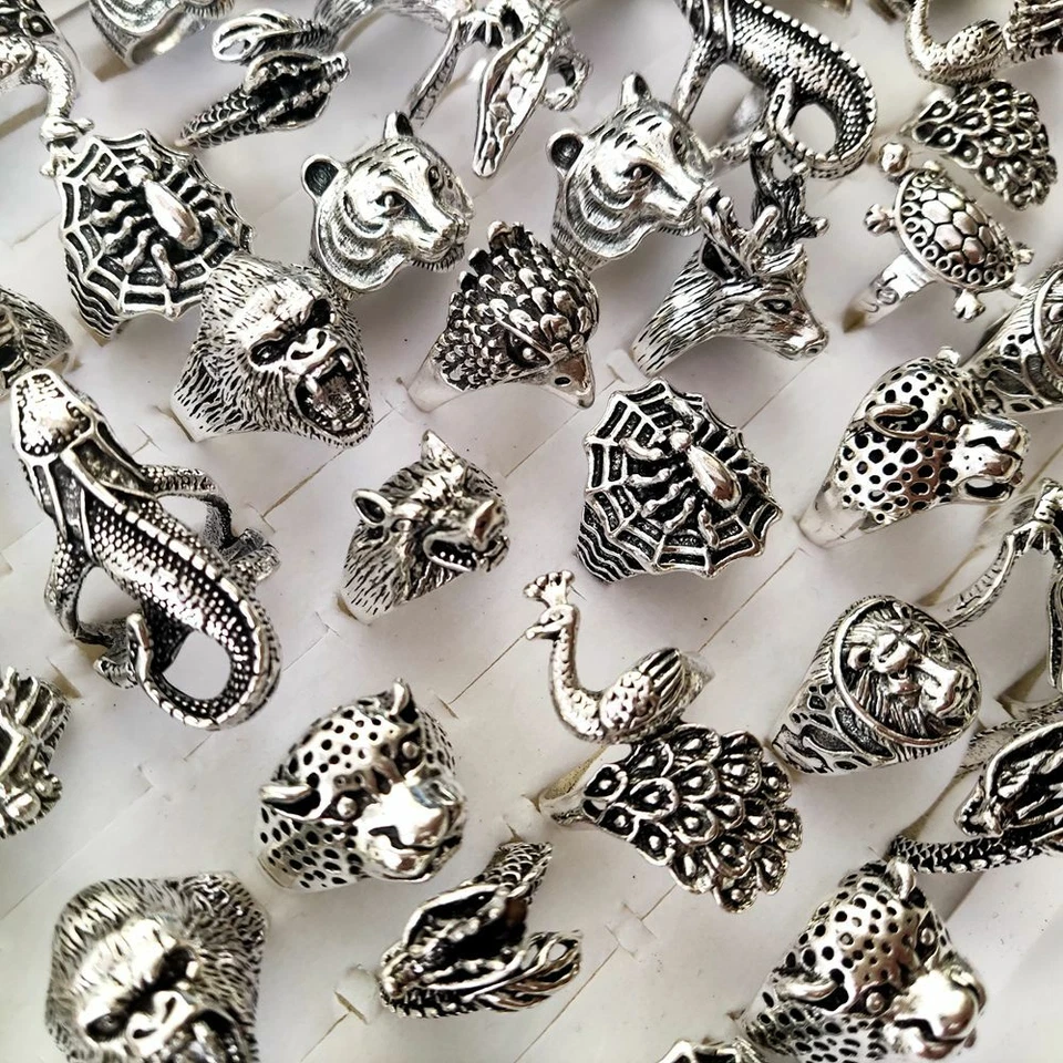 Anillo cabeza animal estilo punk 30 piezas aleación metal plata placa joyería Foto 3 de 4