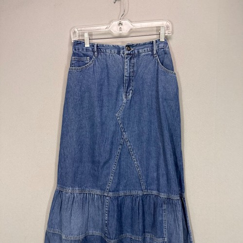 Studio West Womens M Denim Flared Maxi Patchwork Skirt Boho Cottage Core Elastic - 第 3/15 張圖片