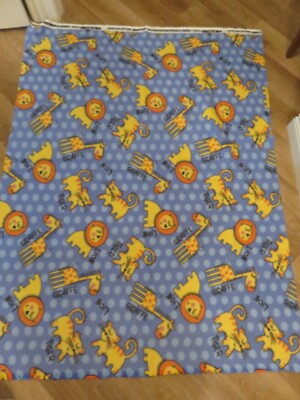FLEECE FABRIC LIONS TIGERS GIRAFFES ON BLUE   BACKGROUND 62 X 45''