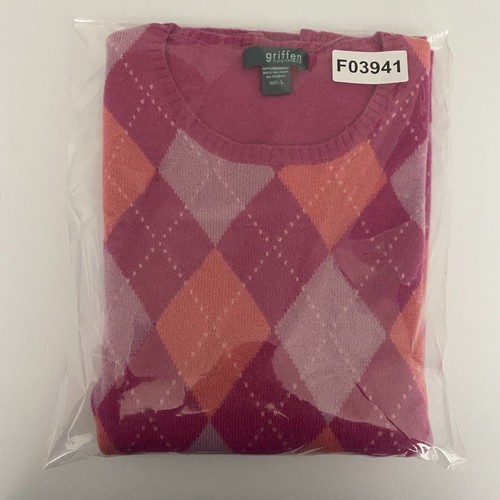 Griffen Cashmere Sweater Large Pink Argyle Pattern 3/4 Sleeve Crewneck Pullover - 第 9/9 張圖片