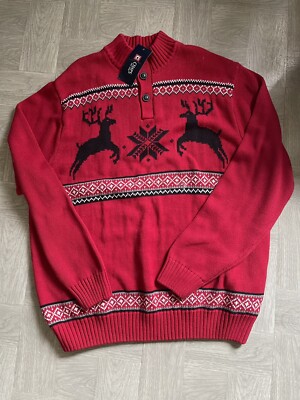 NWT Christmas SWEATER CHAPS 1/4 Button  MOOSE DEER ELK Lodge Red Men s XL