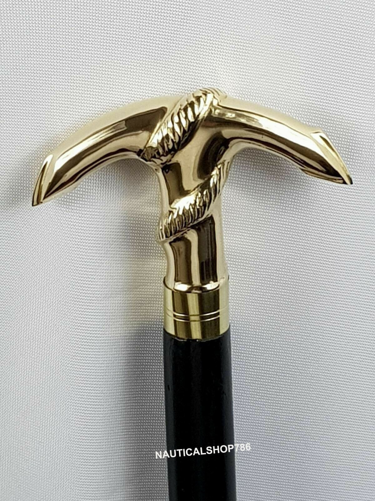 Antique Solid Brass Anchor Head Handle Wooden Wal… - image 1