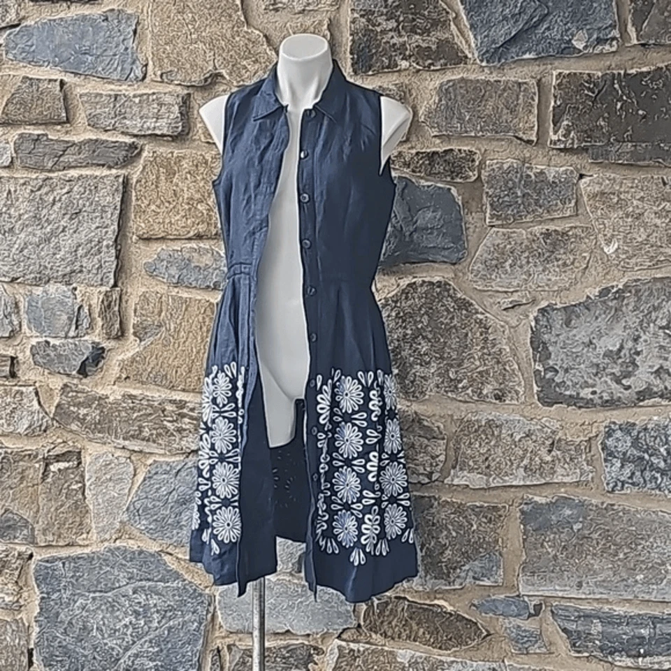 O by Oscar de la Renta | Lino Azul Marino Floral Ojales Bordados Ajuste Acampanado Talla 6 Foto 4 de 4