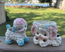 Vintage Cute Lamb Planter Ceramic Kitsch Lot Of 2