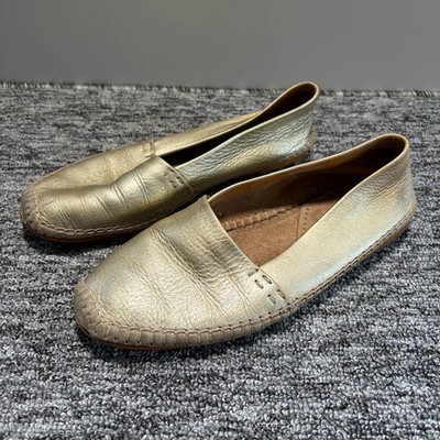 Bally Espadrilles Damen UK4 Gold Metallic Leder Ballerinas Slipper Schuhe