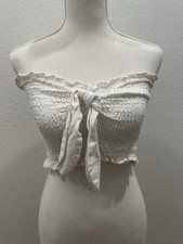 COTTON ON Women  s White Smocked Tie Knot strapless Tube Crop Top SZ M