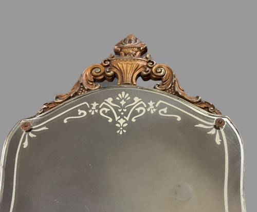 Vintage Art Deco Jugendstil Wandbehang floral geätzt Spiegel verzierter Holzrahmen - Bild 4 von 7