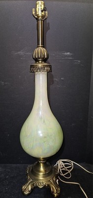 Vintage 70's Classic Green Opaline Glass & Brass Table Lamp 32'' Tall - No Shade!