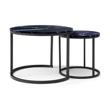Nesting Coffee Table Round Side Table Set of 2 Marble Pattern Wooden Tables NEW