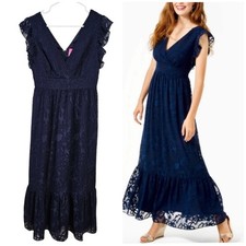 Lilly Pulitzer Autumn Maxi Midi Navy Lace Floral Lace Evening Dress Vneck