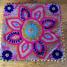 Boho Floral Embroidered Accent Pillow Cover Pillowcase Purple Multicolor 15x15"