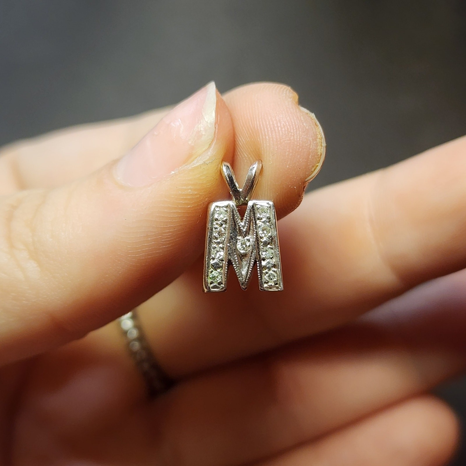 14K Solid White Gold Diamond Initial M Pendant 2.… - image 9