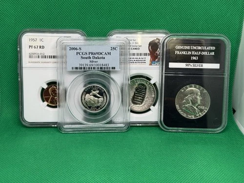 Variety Pack 1963 D Franklin, 2006 S Wash QTR, 1957 PF67 Lincoln, 2019 Apollo 11
