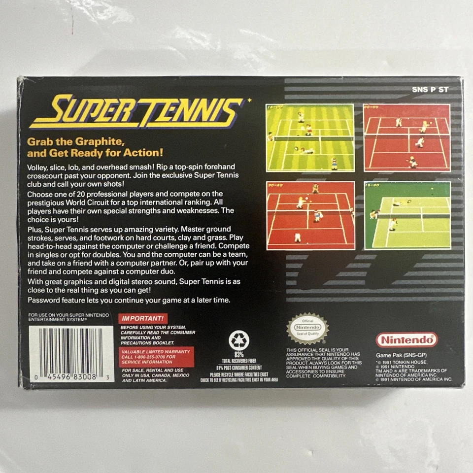 Super Tennis (Super Nintendo, SNES) CIB Complete W/ Inserts & Protector - Tested - Image 3 of 4