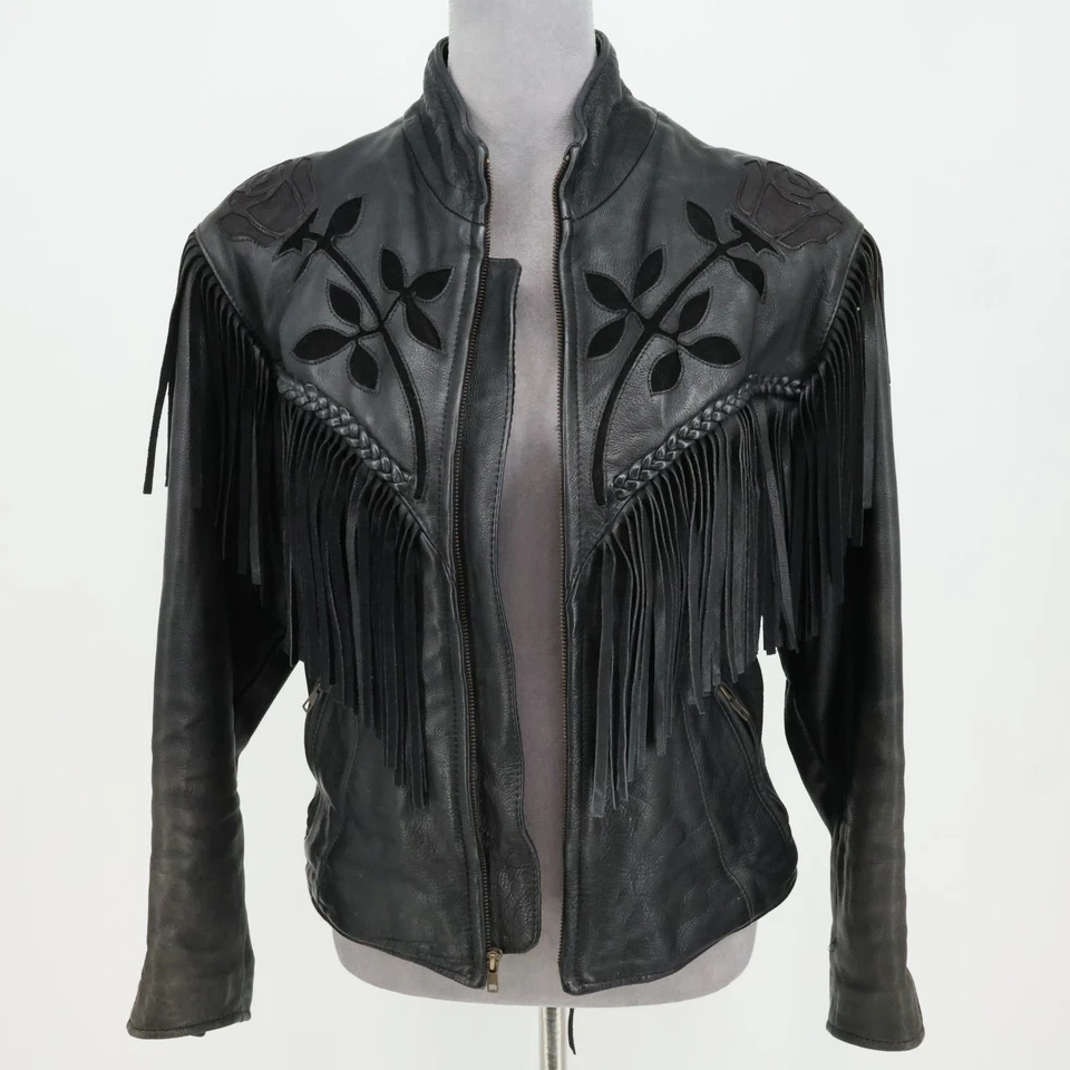 Jaqueta de couro franja feminina grande preta com zíper completo recorte forrada cowgirl faroeste - Imagem 2 de 4