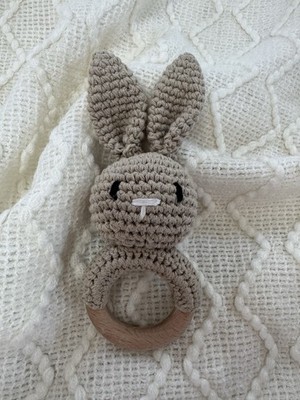 Knitting Bunny  Baby Teething Ring with Wooden Ring Teether, Beige