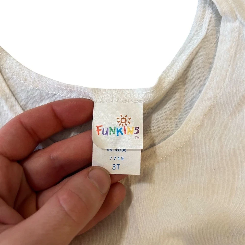 Regatas vintage anos 90 Funkins infantil pacote com 2 nervuras 3T brancas e verdes fabricadas nos EUA - Imagem 3 de 4