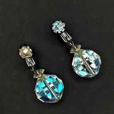 Vintage LAGUNA Austrian Crystal AB Clear Disco Ball Dangle Drop Clip On Earrings