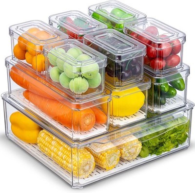 10-Pack Clear Fridge Organizer Bins with Lids, Veggies, Drinks