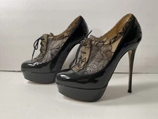 Valentino Garavani Lace Up Pumps Bootie Heels Lace Patent Leather Black 35/4.5-5