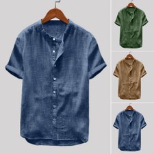 Men Button Down Collarless Tops Cotton Linen Short Sleeve T-Shirt Tee