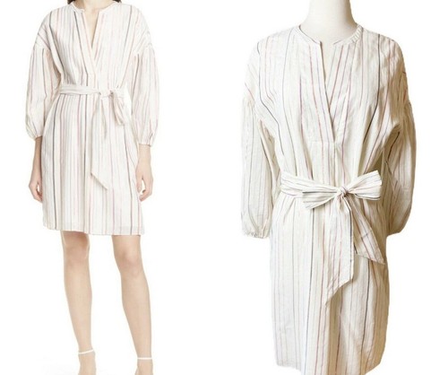 JOIE Shift Shirt Dress Semra Ivory Shimmery Stripes Shell And Lining Cotton XS