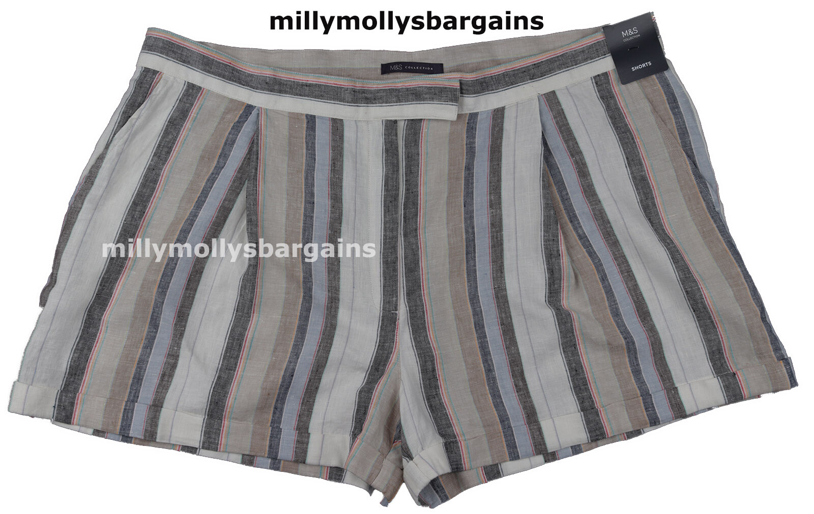 M&S Womens Marks and Spencer Blue Beige Red Linen Shorts Size 20              zz