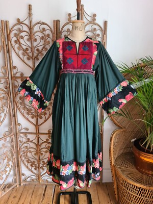 Vintage Stepp Patchwork Afghan bestickt Baumwolle ? 70er Jahre Midikleid S