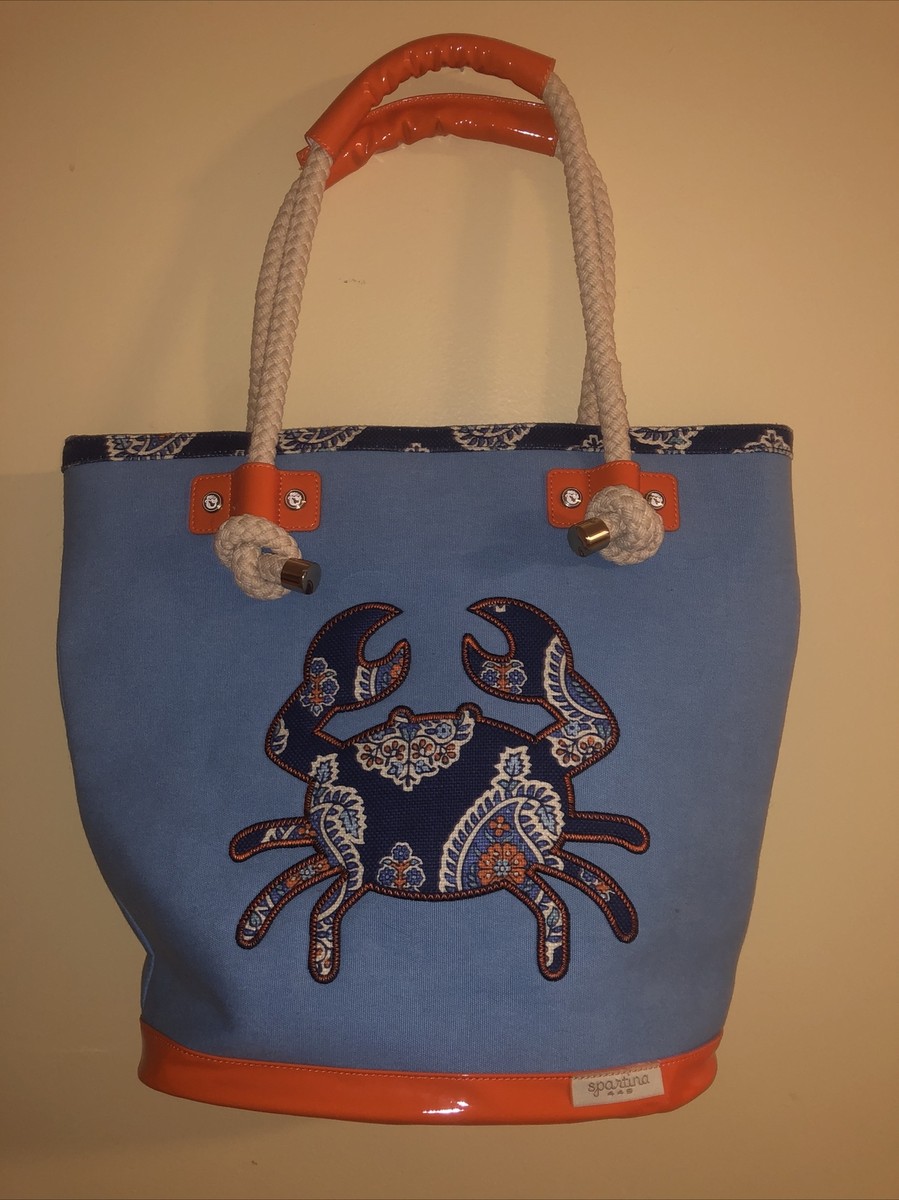 Spartina 449 Large applique Crab Beach Canvas blue Tote Rope Handle Beach  Bag