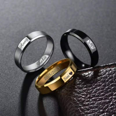 Custom Engraved Name Ring Inside Outside Band Gold Silver Black Men Women