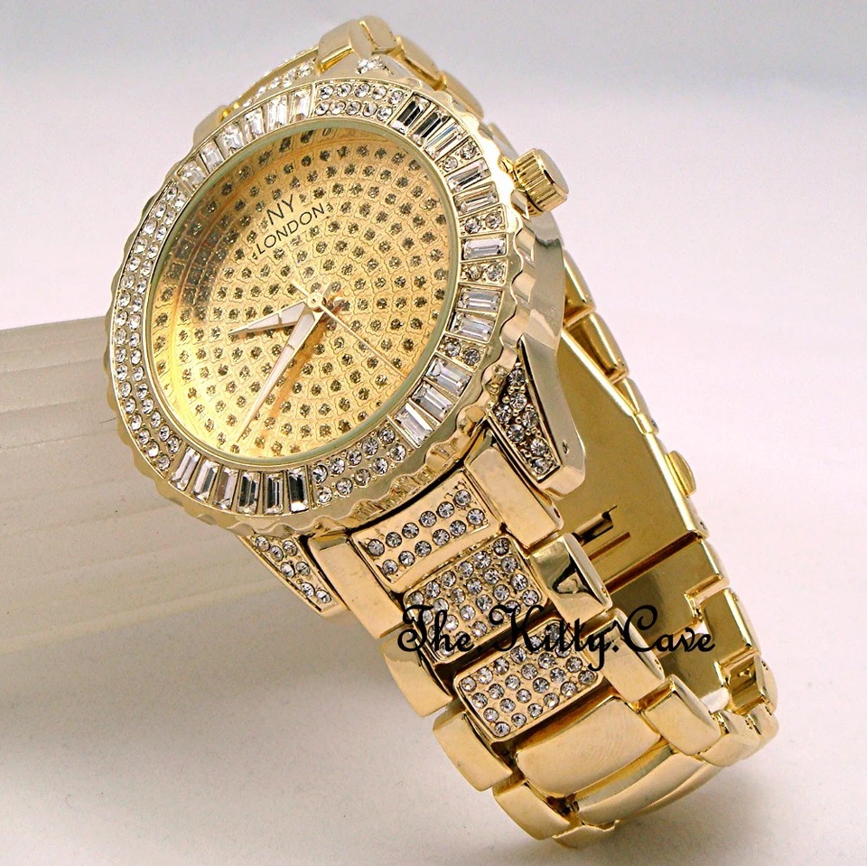 Reloj Caballeros Damas Unisex Plato de Oro Rapero Gema de Hielo Proxeneta Bling Baguette Cristales Foto 2 de 4
