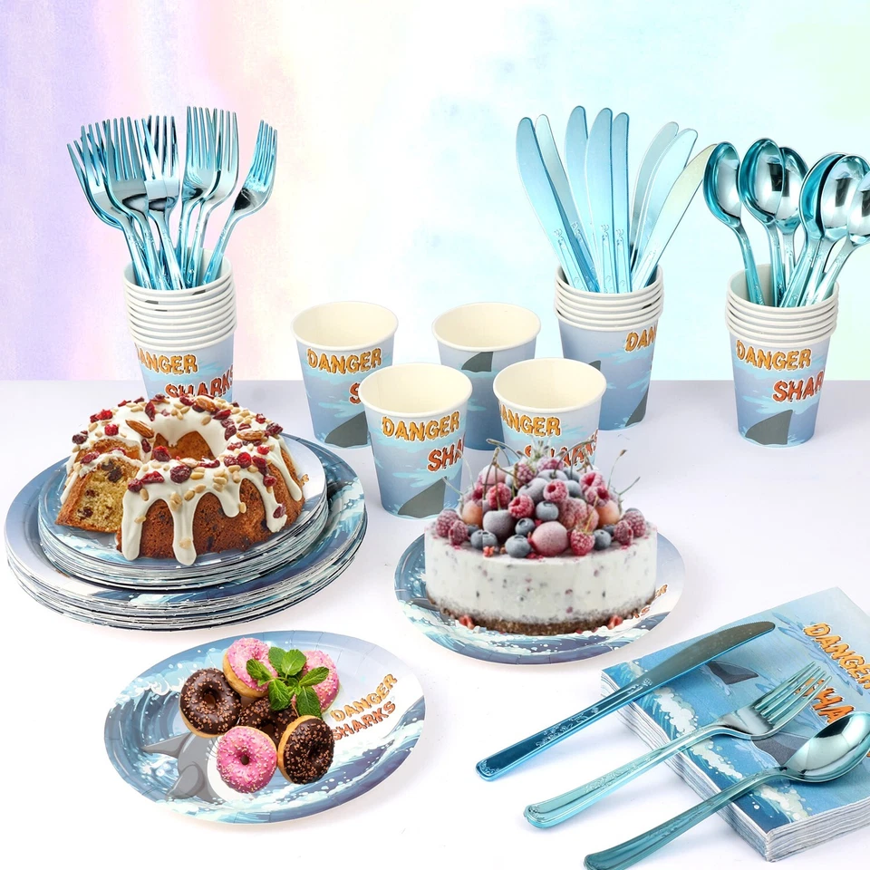 Juego de vajilla de fiesta de tiburón 200 piezas platos tazas pajitas cubiertos para niños cumpleaños Foto 2 de 4