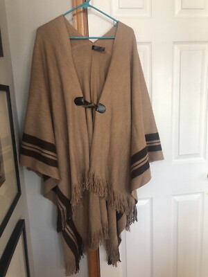 Lane Bryant Cinnamon Brown Poncho Sweater Dark Brown Stripes Horn Shaped Button
