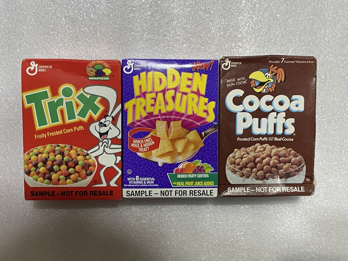 3 vtg 1990's Trix Cocoa Puffs Hidden treasure Sample Cereal Boxes