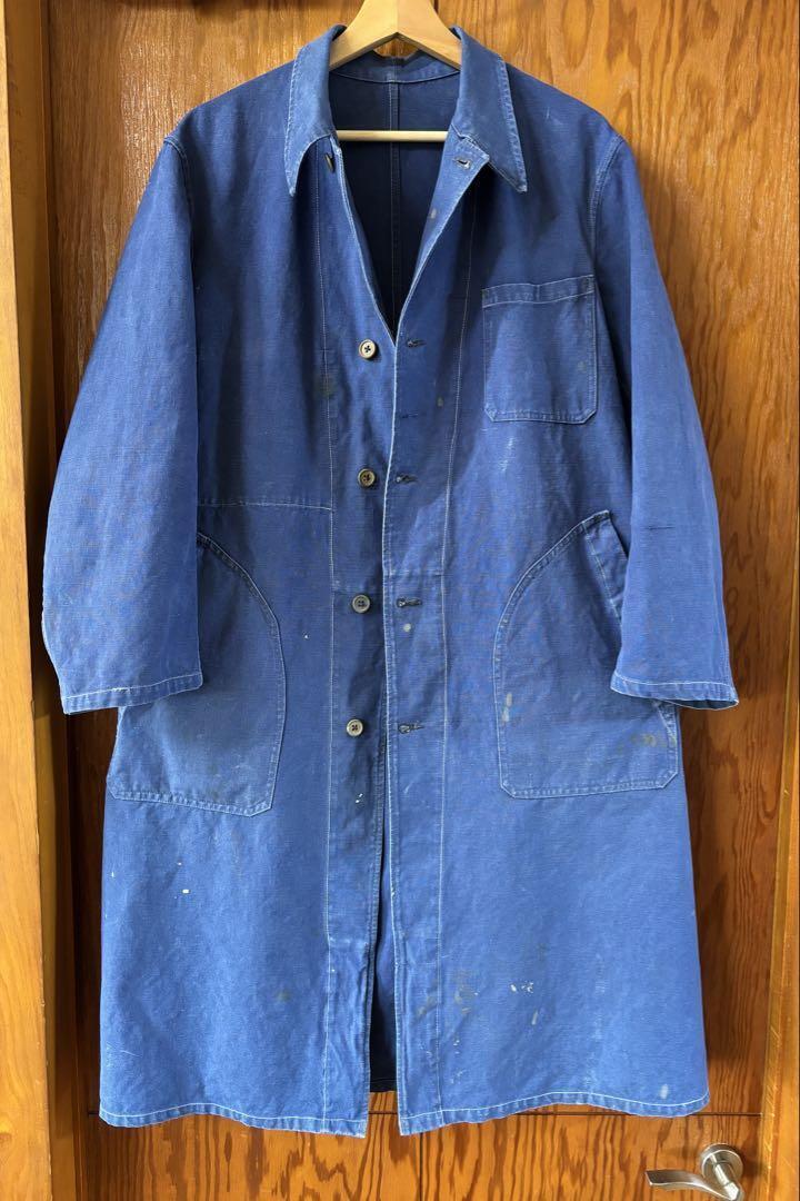 1940s Vintage Indigo Cotton Metis Coat, French Workwear, Unisex, Size L 1940s Vintage Indigo Cotton Metis Coat, French Workwear, Unisex, Size L