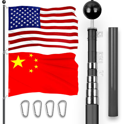 20 Ft Telescoping Flagpole Black & American and China Flags Emb 300D 3x5Ft