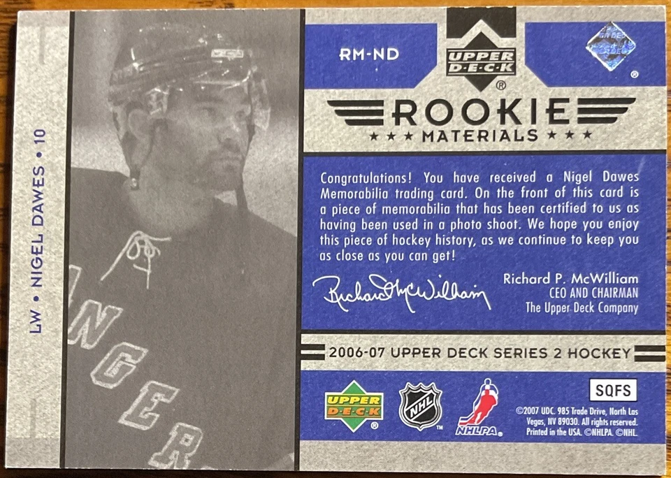2006-07 Upper Deck Rookie Materials Nigel Dawes #RM-ND New York Rangers - Image 2 of 2