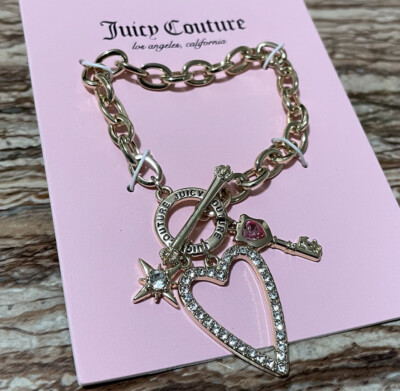 Juicy Couture Jewelry Gold Toggle Bracelet 3 Charm Crystal Pave Heart Key Star
