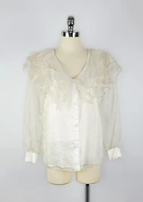 Fritz & Floyd Off White Ruffled Collared Sheer Button Front Blouse Women's 10