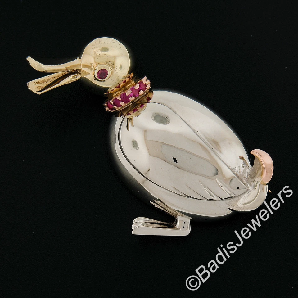 Retro Solid 14K Tri Gold 3D Duck Bird Pin Brooch w/ 0.20ctw Round Brilliant Ruby - Image 2 of 4