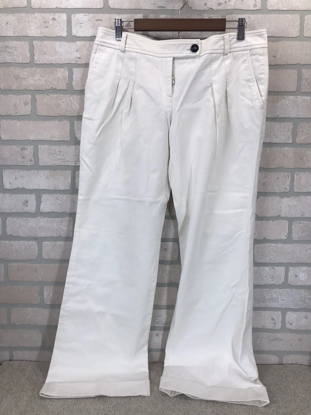 PANTALONE BURBERRY LONDON DONNA 10 BIANCO GAMBA LARGA PANTALONI POLSINI PIEGHE PATTA PKT