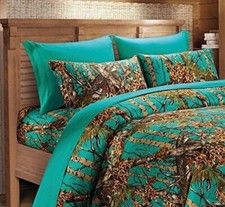 TEAL CAMO SHEET SET  FULL SIZE BEDDING 6 PC CAMOUFLAGE DARK WOODS