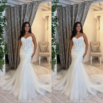 Sexy Mermaid Wedding Dresses V Neck Lace Sweep Train Beach Bridal Gowns