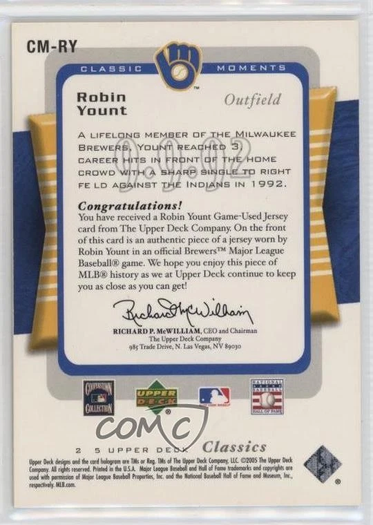 2005 Upper Deck Classics Classic Moments Materials Robin Yount #CM-RY HOF - Image 2 of 2