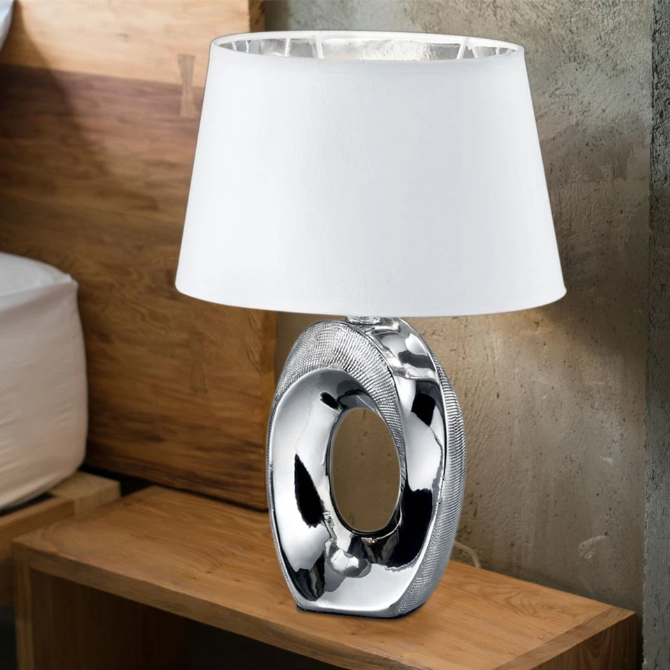 Lampada LED Tessuto Soggiorno Ceramica Scrittura Notte Tavolo Argento-Bianco - Immagine 3 di 4