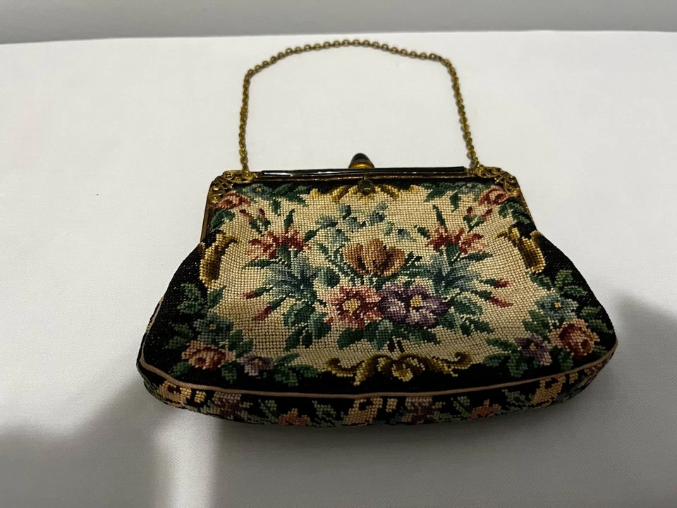 Bolsa de mão vintage anos 30 tapeçaria Áustria arte antiga bordado floral Petit - Imagem 2 de 4