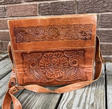 Vintage Mid-Century Hand-Tooled Leather Handbag with 17" Strap