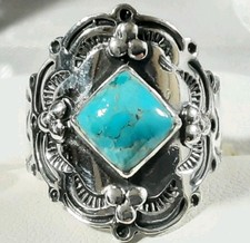 925 STERLING SILVER ETCHED SHIELD DESIGN TURQUOISE SIZE 9 RING 5.2g