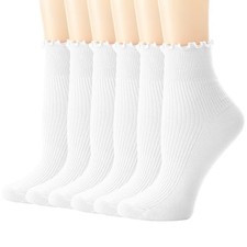 Womens Ruffle Socks Cute Frilly Ankle Breathable One Size A White-6pairs
