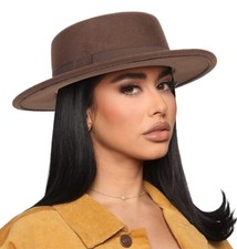 Pork-Pie-Fedora-Hat Wide Brim Felt Flat-Top-Boater Hat for Men Women(Size:M)